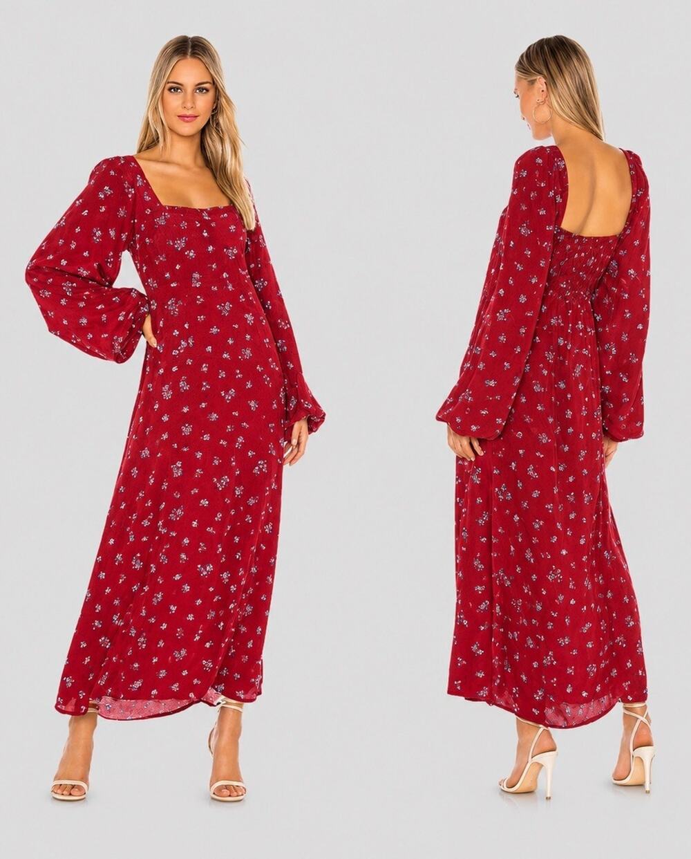 Free People Smocked Red Floral Maxi Dress Red Size M